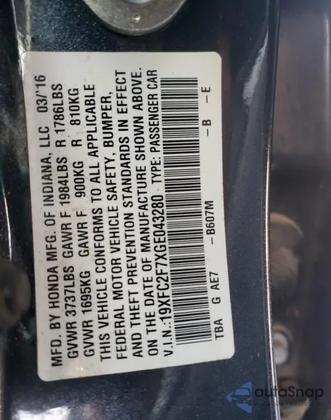 2016 Honda Civic Ex из США, поврежденный, VIN 19XFC2F7XGE043280